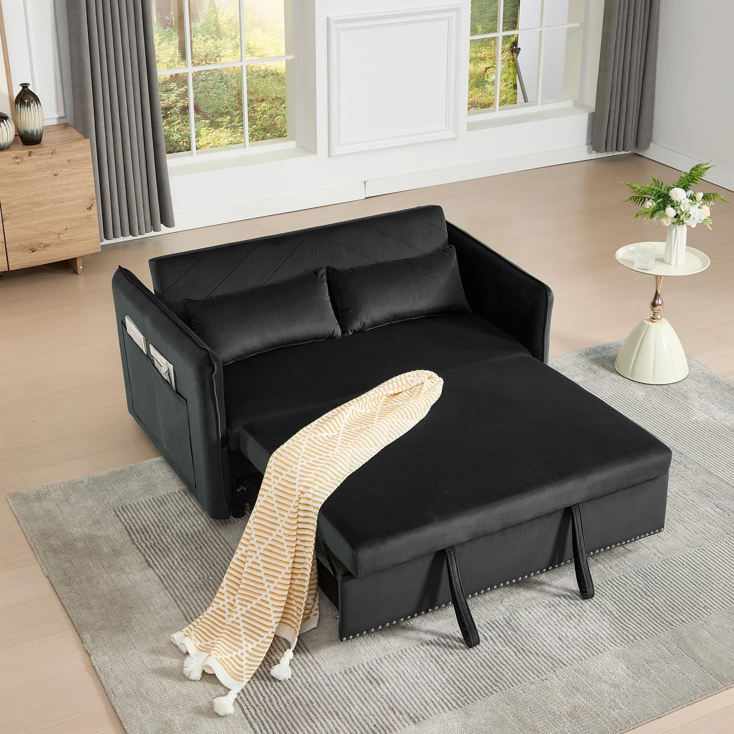Divano letto futon in velluto 3 in 1 da 55 pollici con 2 cuscini e tasche reclinabili