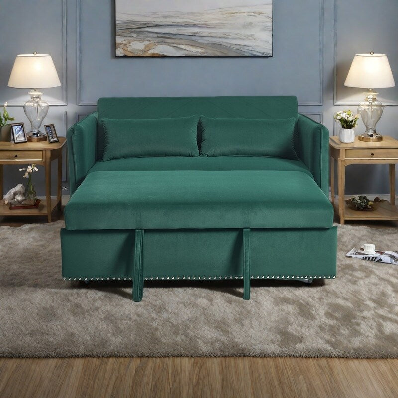 Divano letto convertibile 3 in 1 in velluto da 55 pollici con schienale reclinabile, tasche laterali e 2 cuscini