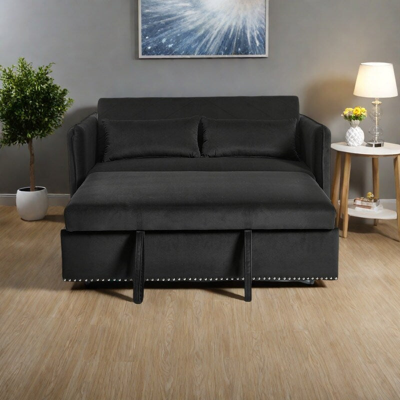 Divano letto convertibile 3 in 1 in velluto da 55 pollici con schienale reclinabile, tasche laterali e 2 cuscini