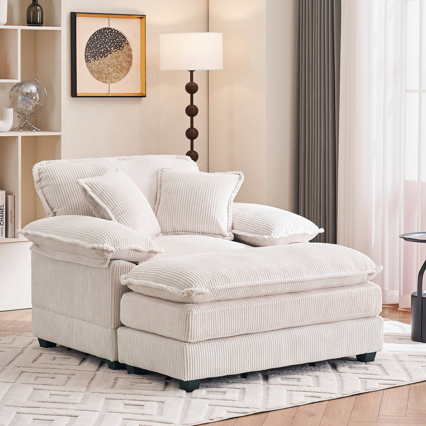 Poltrona oversize da 56,9 W con pouf, poltrona da lettura per camera da letto, divano letto girevole, divano reclinabile singolo moderno oversize