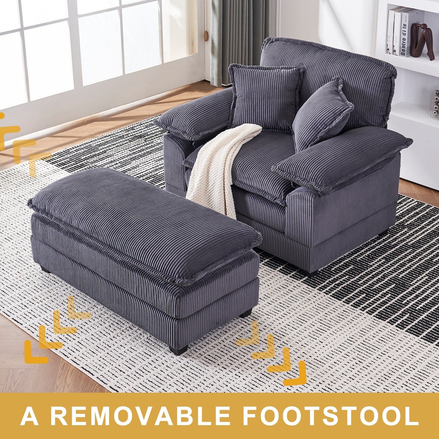 Poltrona oversize da 56,9 W con pouf, poltrona da lettura per camera da letto, divano letto girevole, divano reclinabile singolo moderno oversize