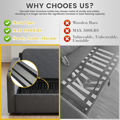 Divano letto trasformabile 3 in 1 da 56 pollici, divano letto estraibile con portabicchieri e porte USB, divano grigio scuro per soggiorno