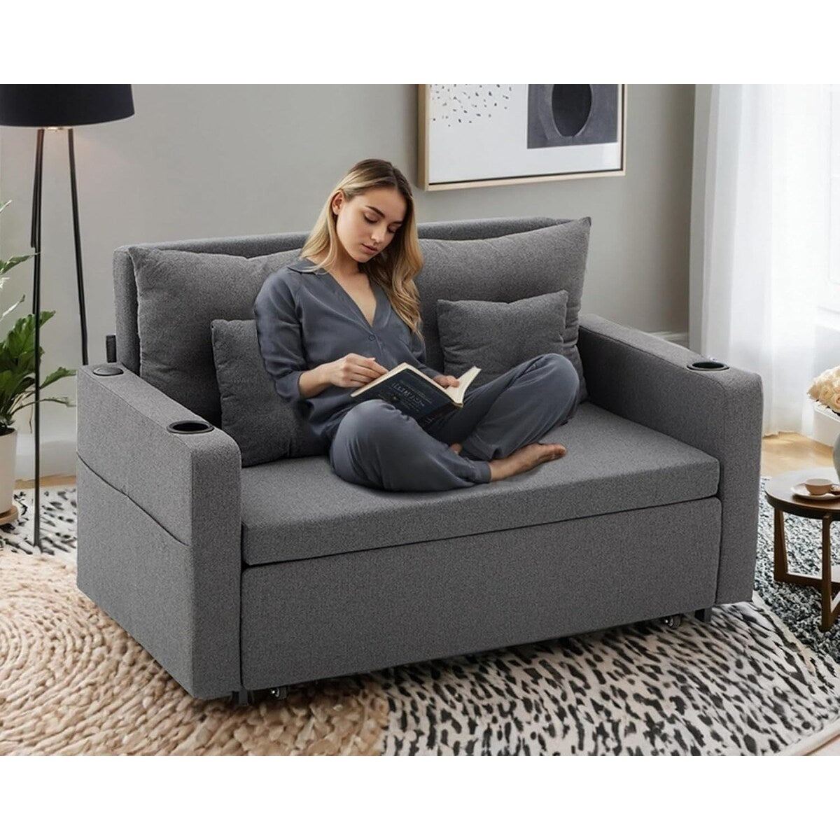Divano letto trasformabile 3 in 1 da 56 pollici, divano letto estraibile con portabicchieri e porte USB, divano grigio scuro per soggiorno