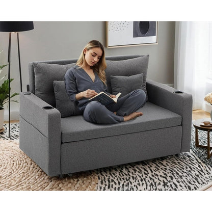 Divano letto trasformabile 3 in 1 da 56 pollici, divano letto estraibile con portabicchieri e porte USB, divano grigio scuro per soggiorno