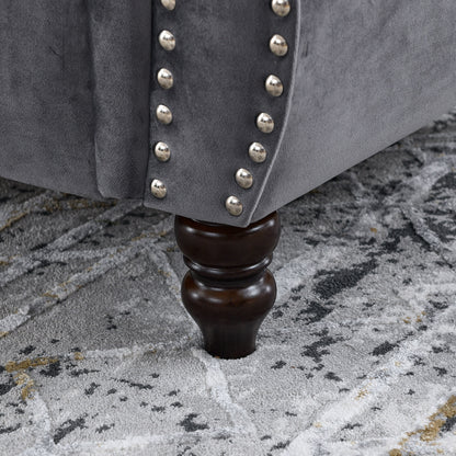 Divano Chesterfield in velluto 58.8 a 2 posti con braccioli arrotolati, finiture con borchie e 2 cuscini