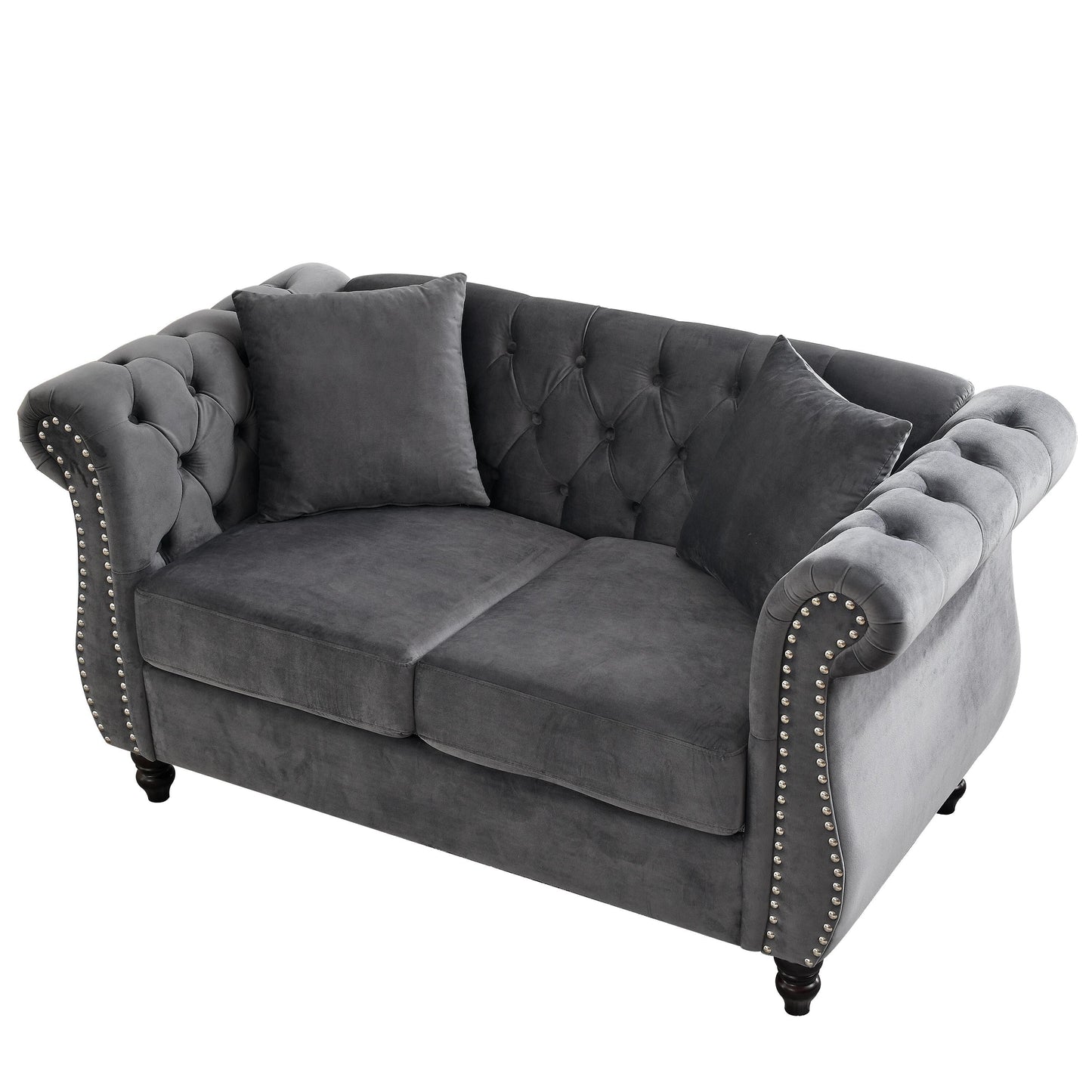 Divano Chesterfield in velluto 58.8 a 2 posti con braccioli arrotolati, finiture con borchie e 2 cuscini
