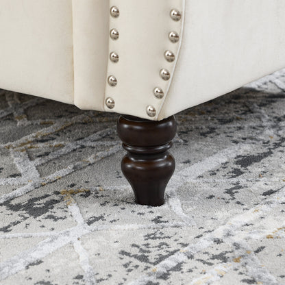 Divano Chesterfield in velluto 58.8 a 2 posti con braccioli arrotolati, finiture con borchie e 2 cuscini