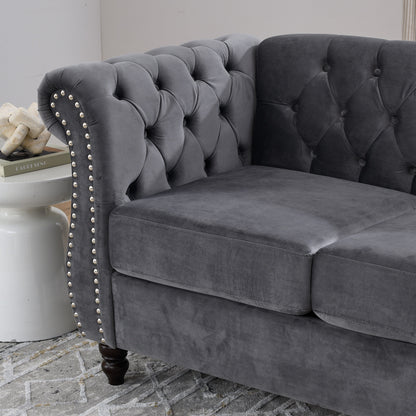 Divano Chesterfield in velluto 58.8 a 2 posti con braccioli arrotolati, finiture con borchie e 2 cuscini