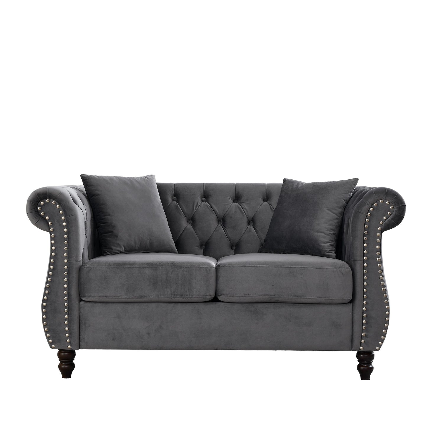 Divano Chesterfield in velluto 58.8 a 2 posti con braccioli arrotolati, finiture con borchie e 2 cuscini