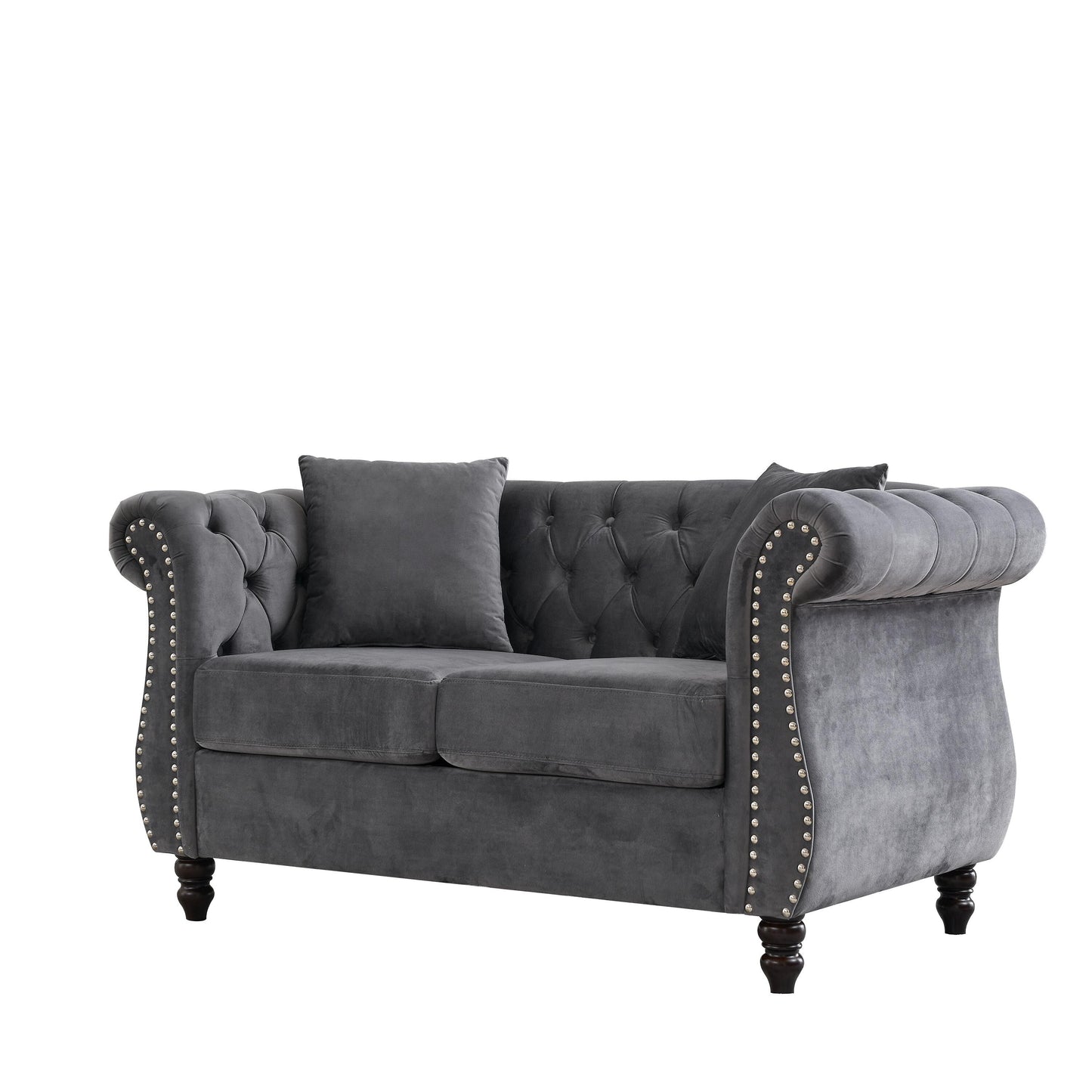 Divano Chesterfield in velluto 58.8 a 2 posti con braccioli arrotolati, finiture con borchie e 2 cuscini