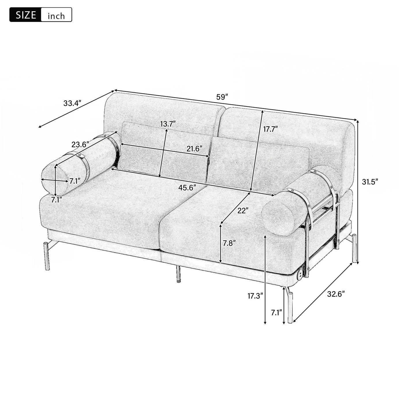 Divano moderno a due posti da 59 pollici
