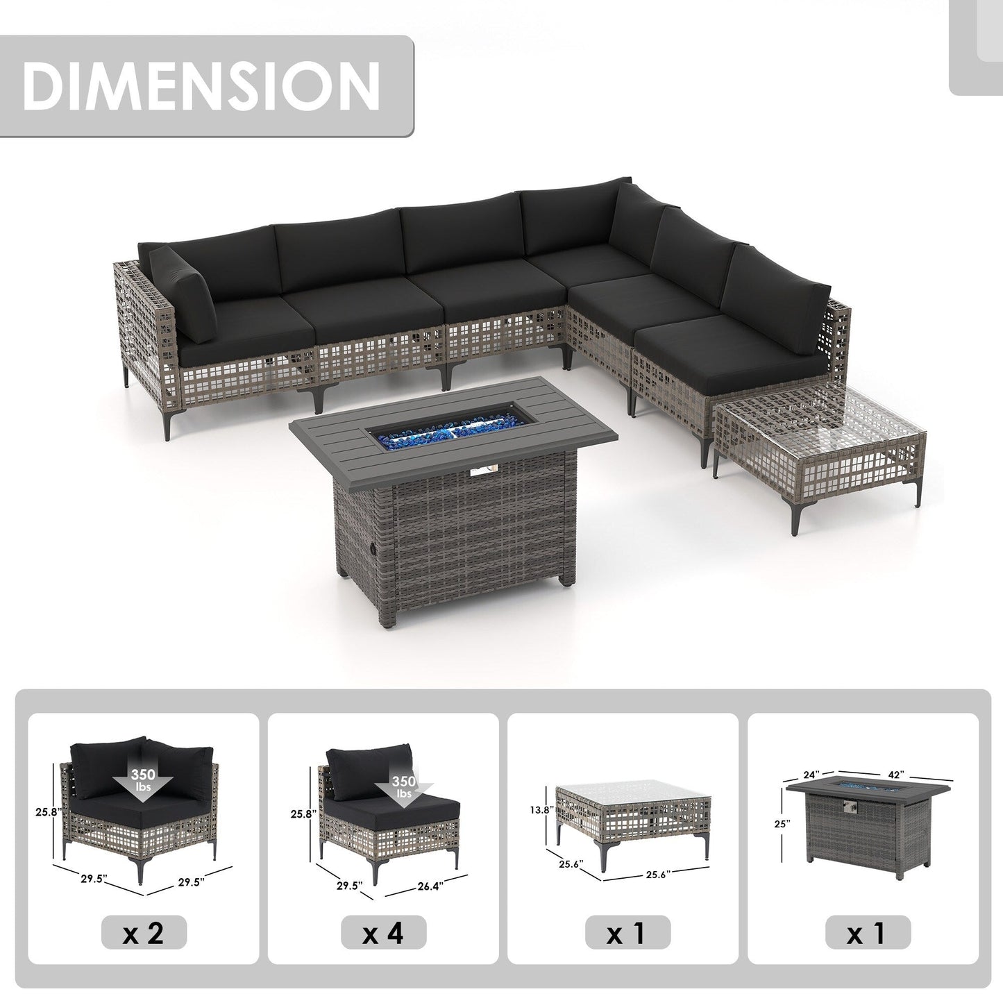 Gruppo di posti a sedere componibili per esterni da 6 persone con braciere