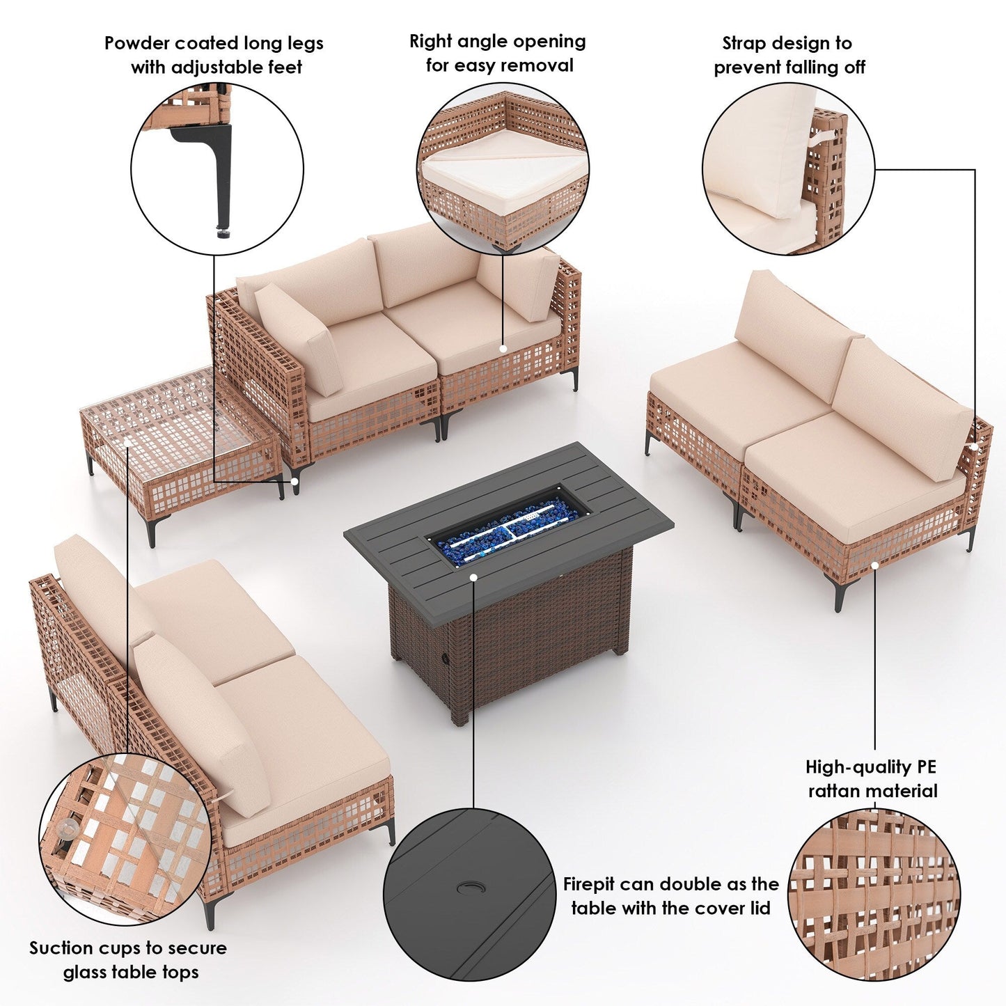 Gruppo di posti a sedere componibili per esterni da 6 persone con braciere