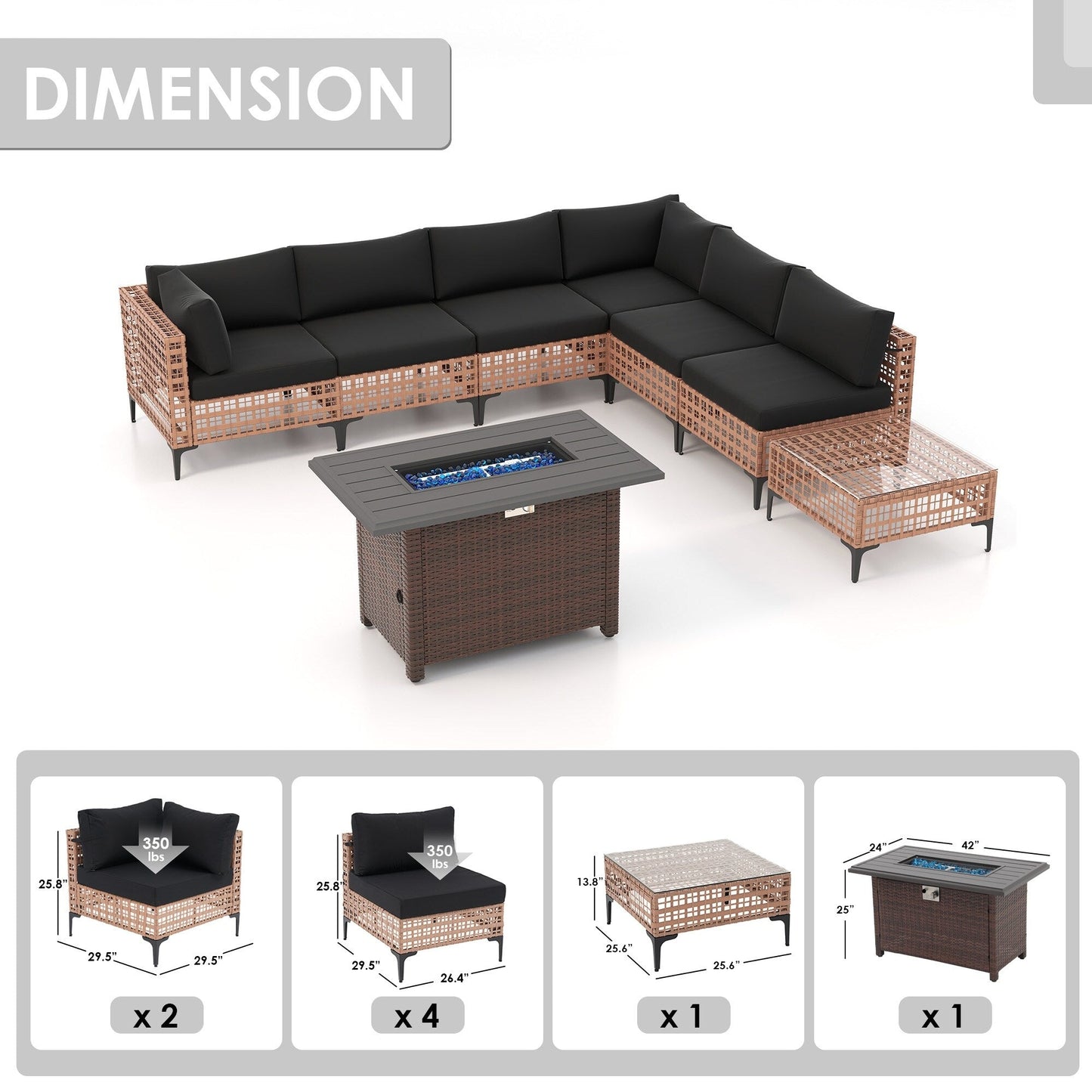 Gruppo di posti a sedere componibili per esterni da 6 persone con braciere