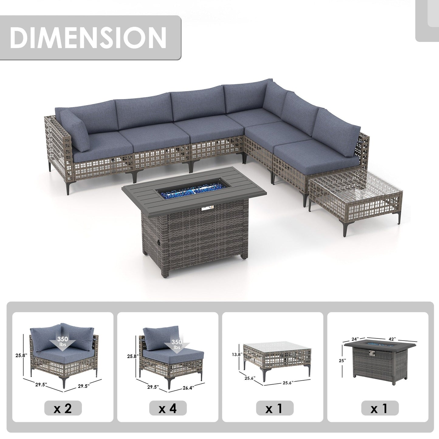 Gruppo di posti a sedere componibili per esterni da 6 persone con braciere