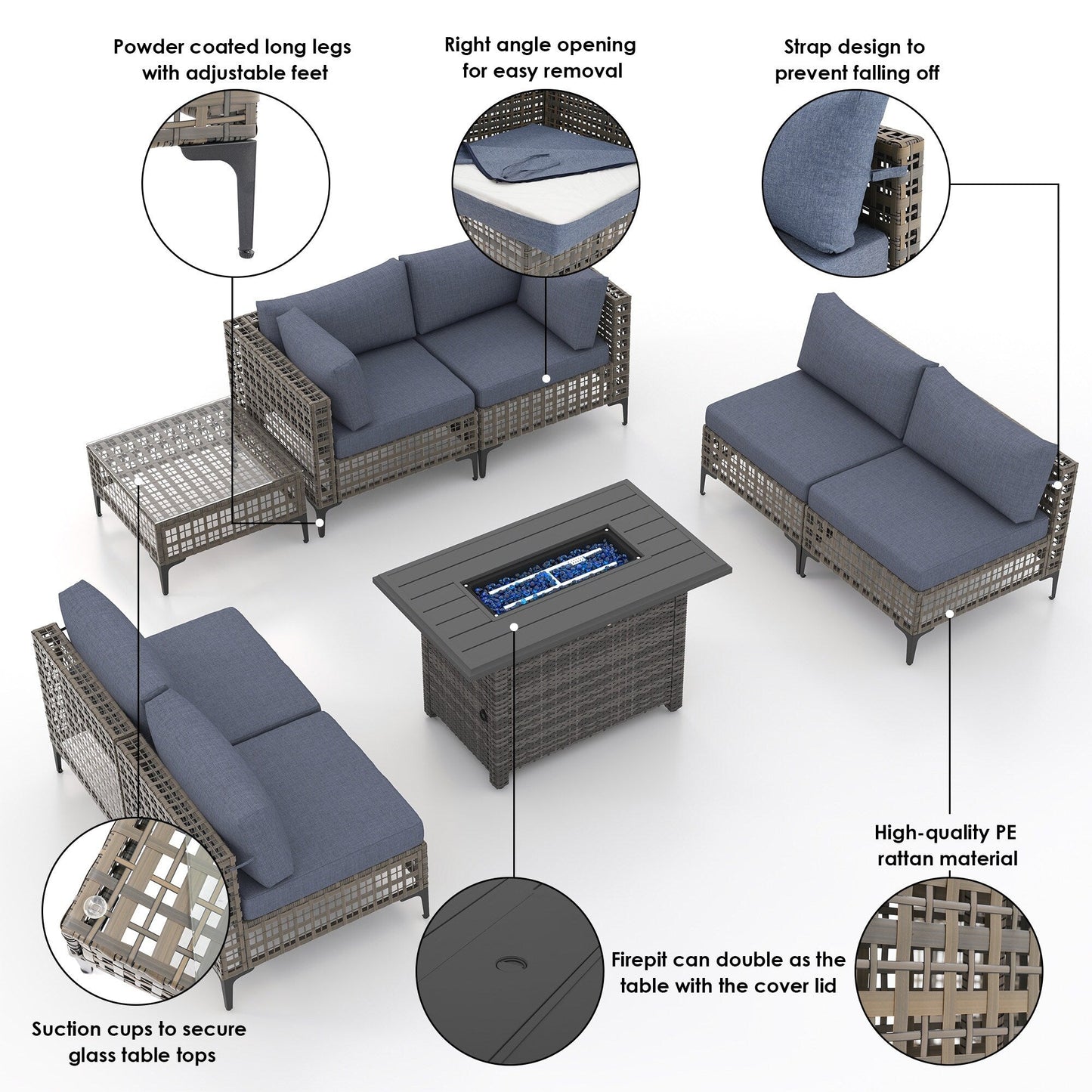 Gruppo di posti a sedere componibili per esterni da 6 persone con braciere