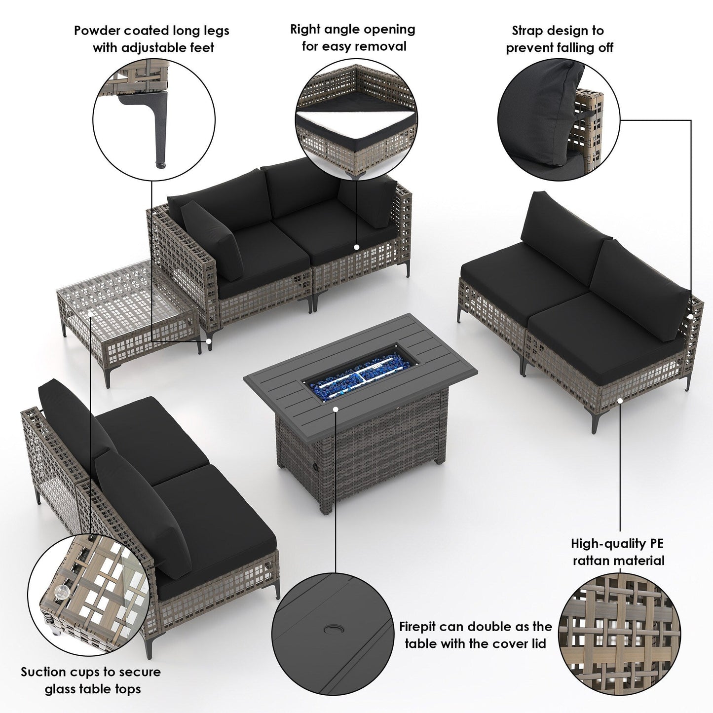 Gruppo di posti a sedere componibili per esterni da 6 persone con braciere