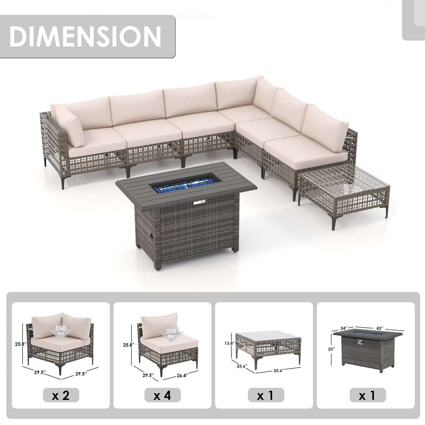 Gruppo di posti a sedere componibili per esterni da 6 persone con braciere