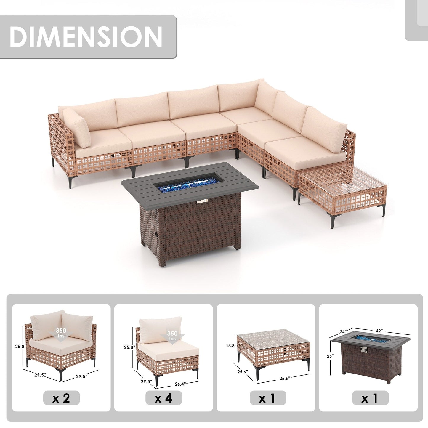 Gruppo di posti a sedere componibili per esterni da 6 persone con braciere