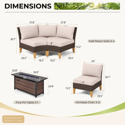 Set di divani componibili in vimini per esterni da 6-11 pezzi, set di mobili a mezzaluna, ampi posti a sedere, set da conversazione con tavolo con braciere