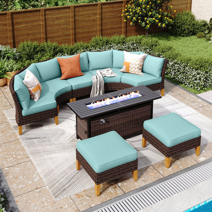 Set di divani componibili in vimini per esterni da 6-11 pezzi, set di mobili a mezzaluna, ampi posti a sedere, set da conversazione con tavolo con braciere