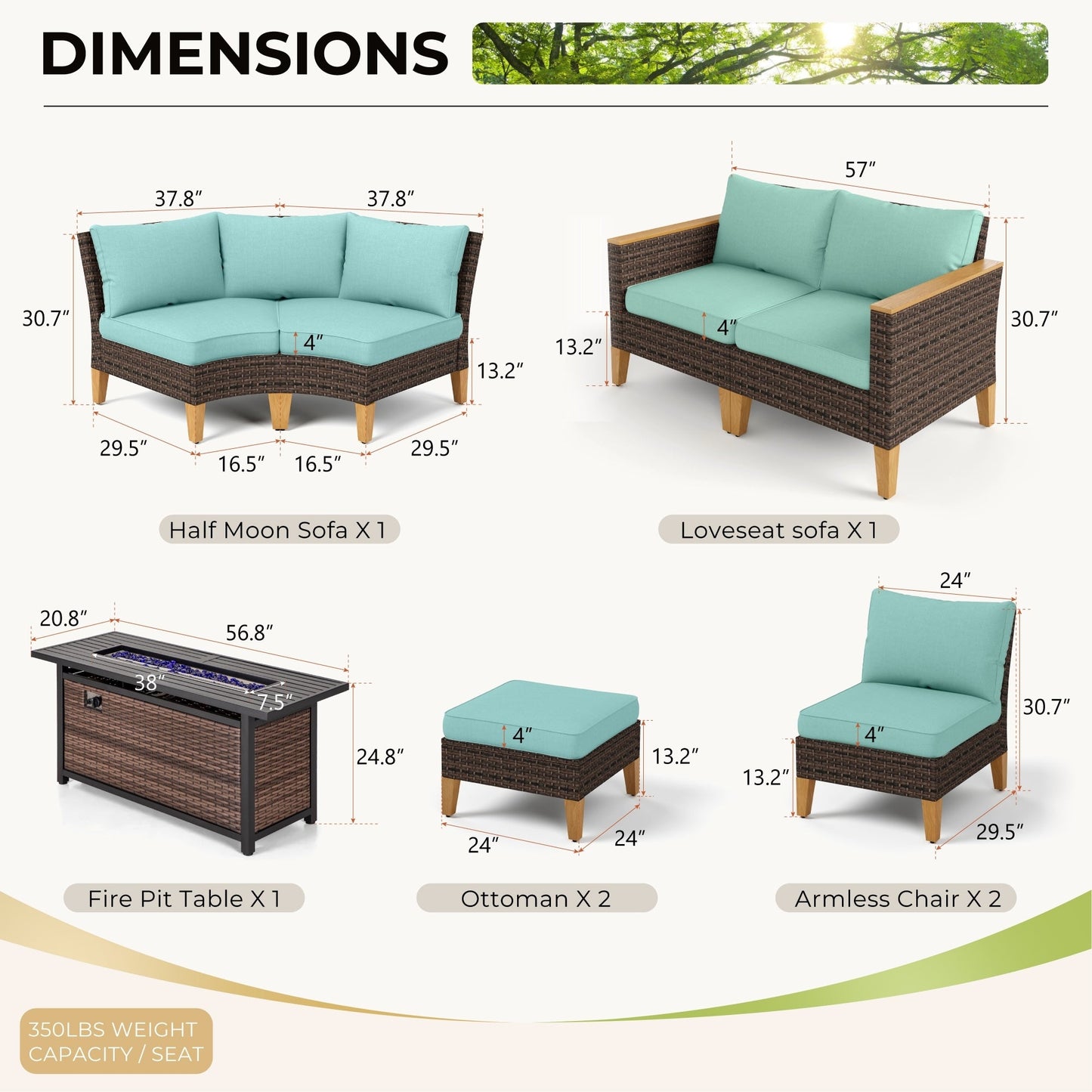 Set di divani componibili in vimini per esterni da 6-11 pezzi, set di mobili a mezzaluna, ampi posti a sedere, set da conversazione con tavolo con braciere