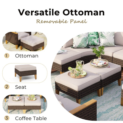 Set di divani componibili in vimini per esterni da 6-11 pezzi, set di mobili a mezzaluna, ampi posti a sedere, set da conversazione con tavolo con braciere