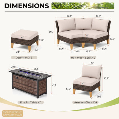 Set di divani componibili in vimini per esterni da 6-11 pezzi, set di mobili a mezzaluna, ampi posti a sedere, set da conversazione con tavolo con braciere
