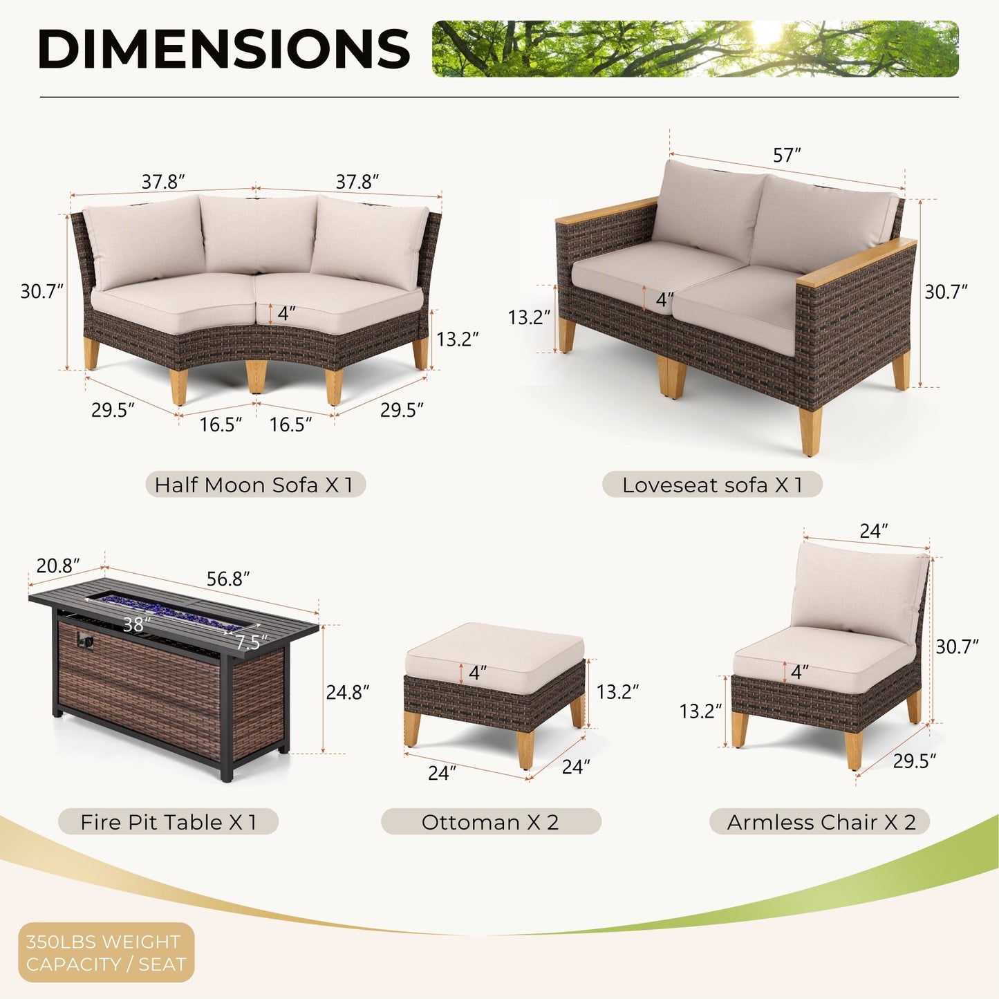 Set di divani componibili in vimini per esterni da 6-11 pezzi, set di mobili a mezzaluna, ampi posti a sedere, set da conversazione con tavolo con braciere