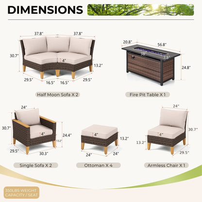 Set di divani componibili in vimini per esterni da 6-11 pezzi, set di mobili a mezzaluna, ampi posti a sedere, set da conversazione con tavolo con braciere