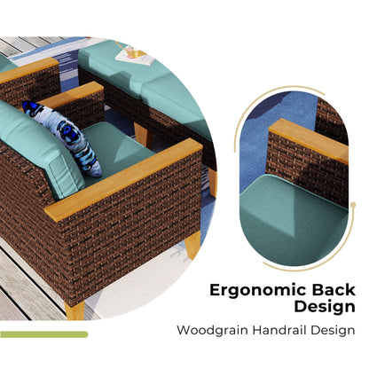 Set di divani componibili in vimini per esterni da 6-11 pezzi, set di mobili a mezzaluna, ampi posti a sedere, set da conversazione con tavolo con braciere