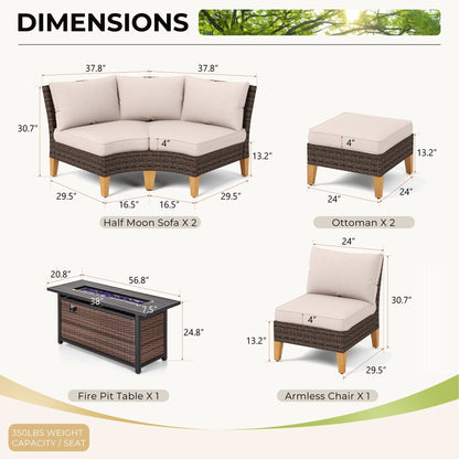Set di divani componibili in vimini per esterni da 6-11 pezzi, set di mobili a mezzaluna, ampi posti a sedere, set da conversazione con tavolo con braciere