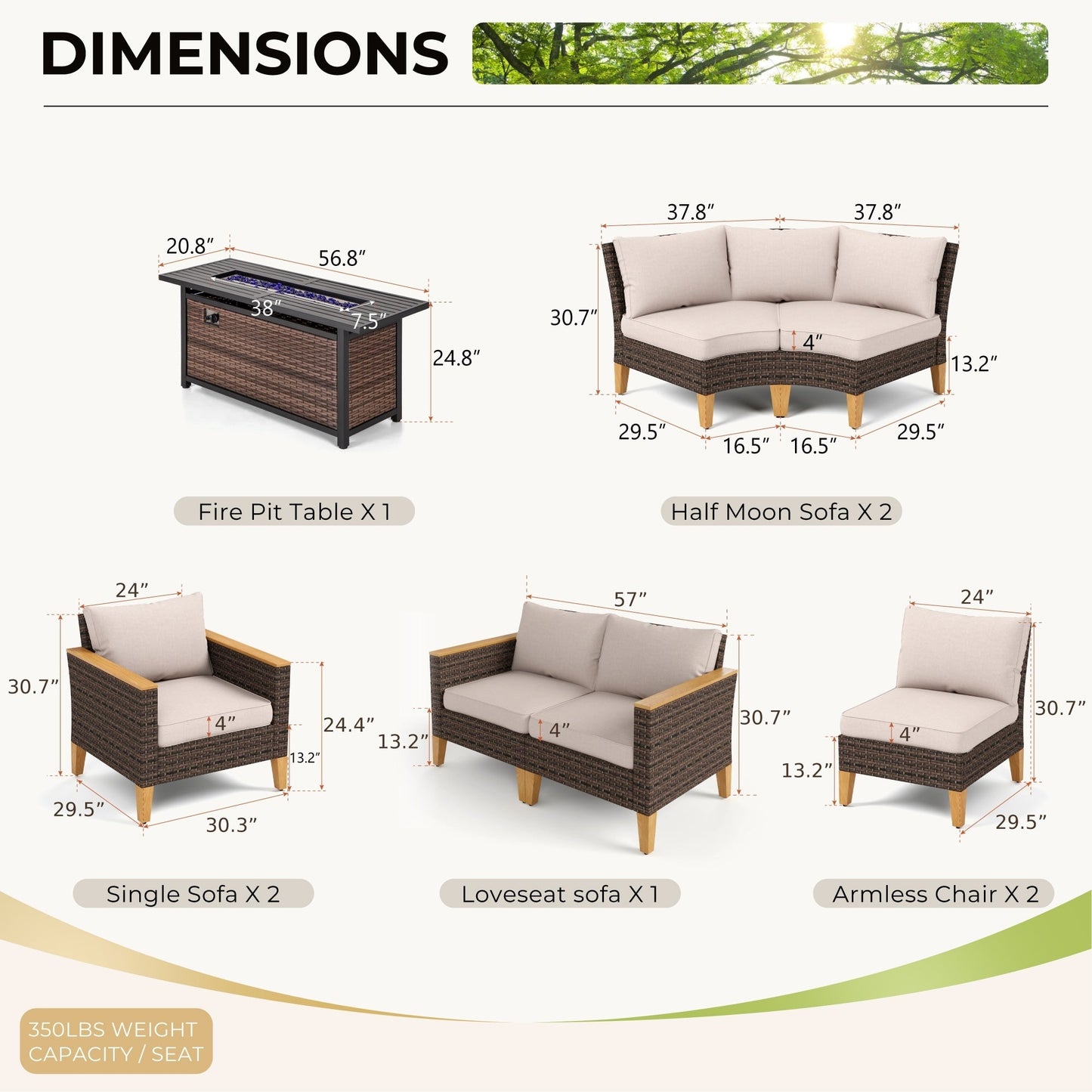 Set di divani componibili in vimini per esterni da 6-11 pezzi, set di mobili a mezzaluna, ampi posti a sedere, set da conversazione con tavolo con braciere
