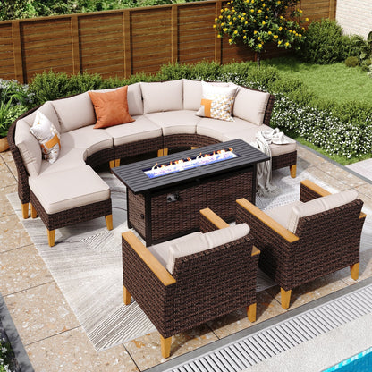 Set di divani componibili in vimini per esterni da 6-11 pezzi, set di mobili a mezzaluna, ampi posti a sedere, set da conversazione con tavolo con braciere