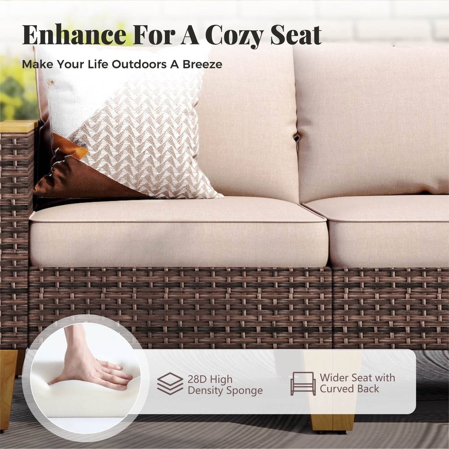 Set di divani componibili in vimini per esterni da 6-11 pezzi, set di mobili a mezzaluna, ampi posti a sedere, set da conversazione con tavolo con braciere