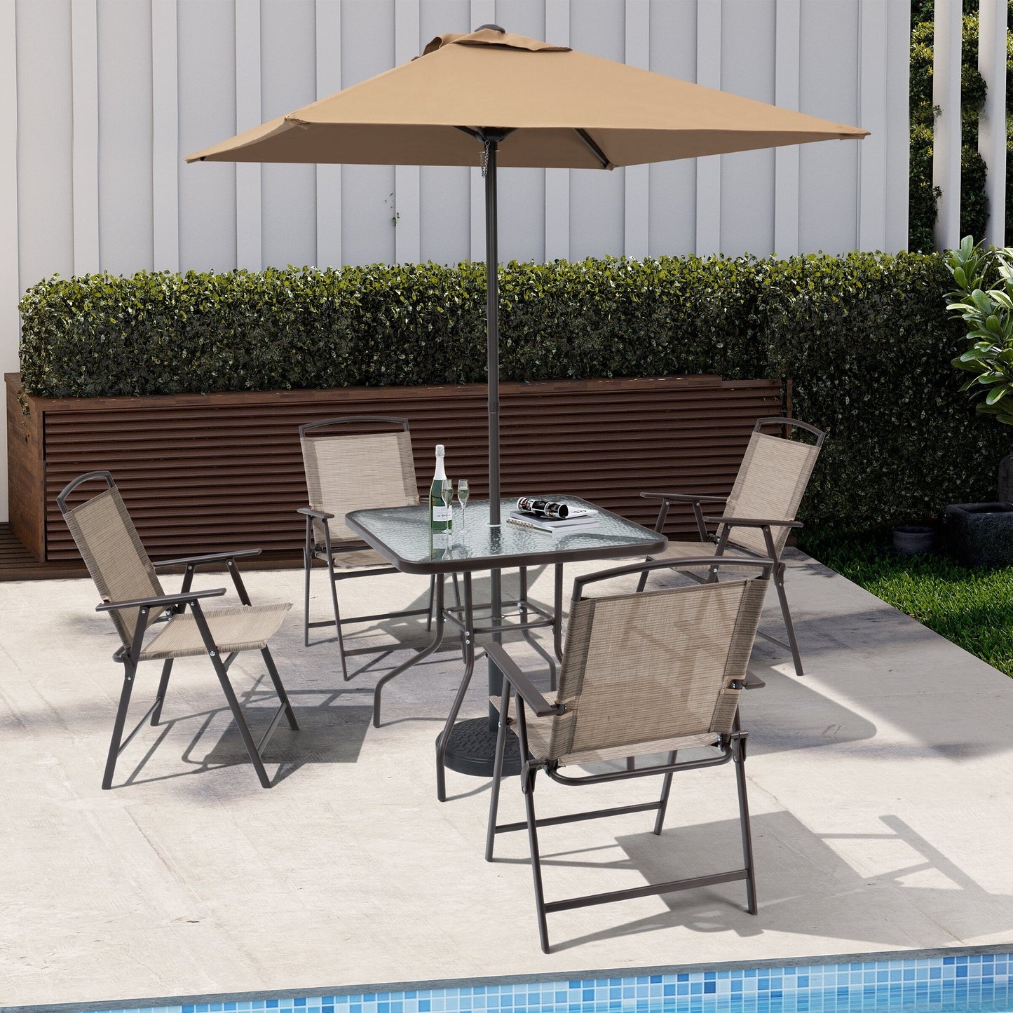 Set da pranzo per esterno da 6 pezzi con 4 sedie pieghevoli, tavolo in vetro e ombrellone senza base - Vedi i dettagli