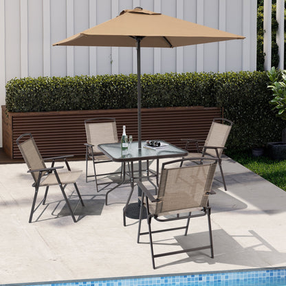 Set da pranzo per esterno da 6 pezzi con 4 sedie pieghevoli, tavolo in vetro e ombrellone senza base - Vedi i dettagli