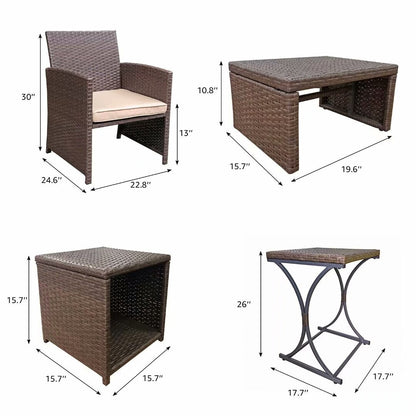 Set da conversazione in vimini da 6 pezzi per patio con pouf e tavolino laterale