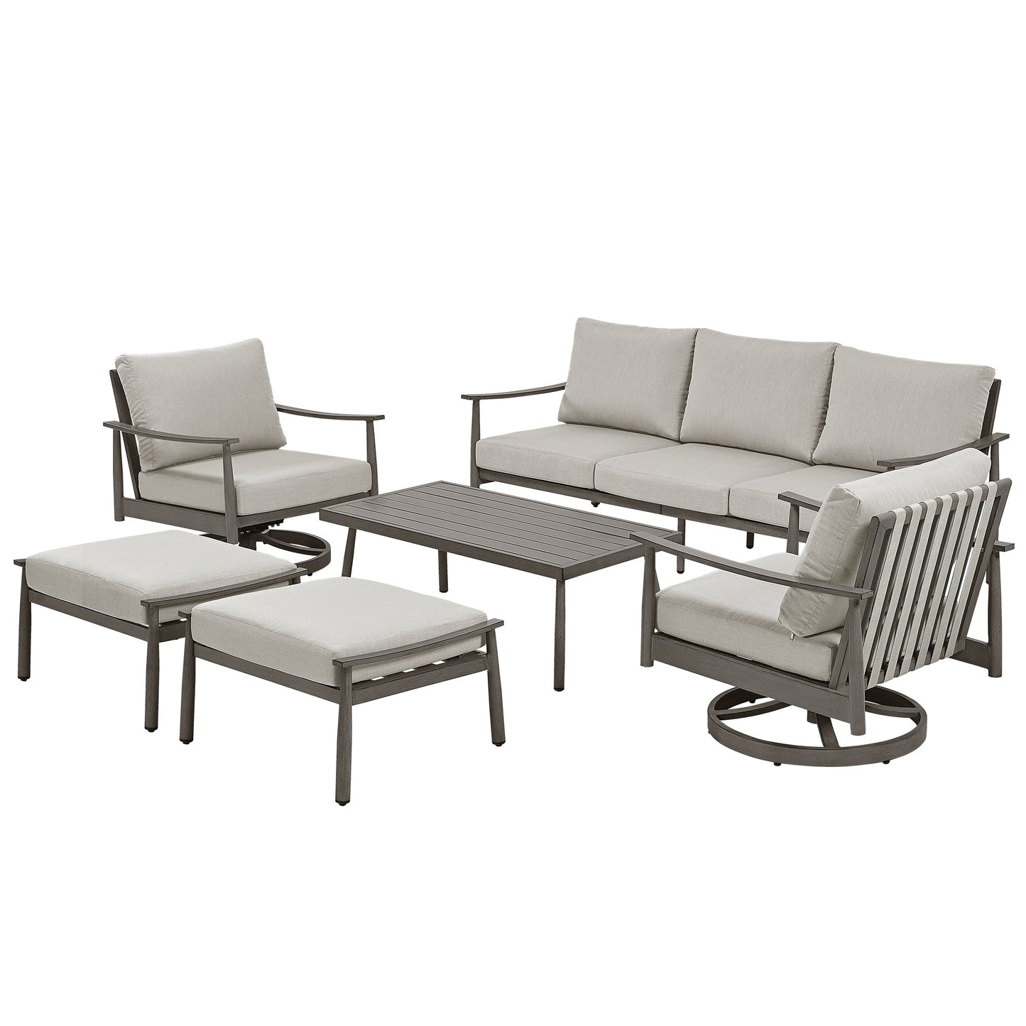 Set da conversazione in alluminio per 6 persone con 2 sedie girevoli, divano da esterno a 3 posti e tavolino da caffè