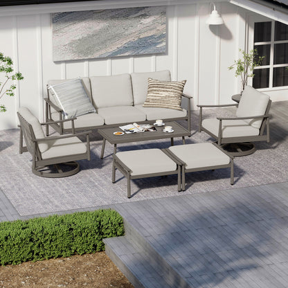 Set da conversazione in alluminio per 6 persone con 2 sedie girevoli, divano da esterno a 3 posti e tavolino da caffè