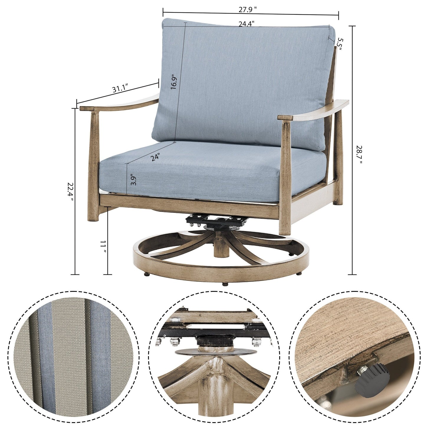 Set da conversazione in alluminio per 6 persone con 2 sedie girevoli, divano da esterno a 3 posti e tavolino da caffè