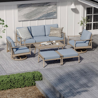 Set da conversazione in alluminio per 6 persone con 2 sedie girevoli, divano da esterno a 3 posti e tavolino da caffè