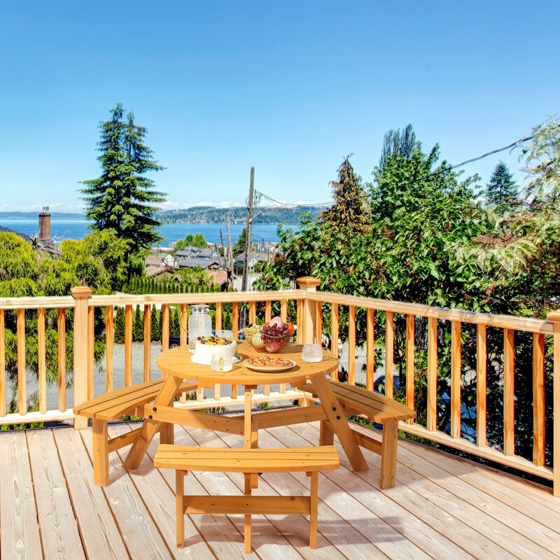 Tavolo da picnic circolare in legno per esterni da 6 persone con 3 panche integrate