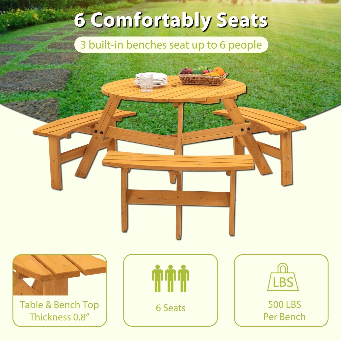 Set da picnic in legno per 6 persone, tavolo da pranzo con panche, foro per ombrellone - 66,92 P x 66,92 L x 27,55 A (L x P x A)