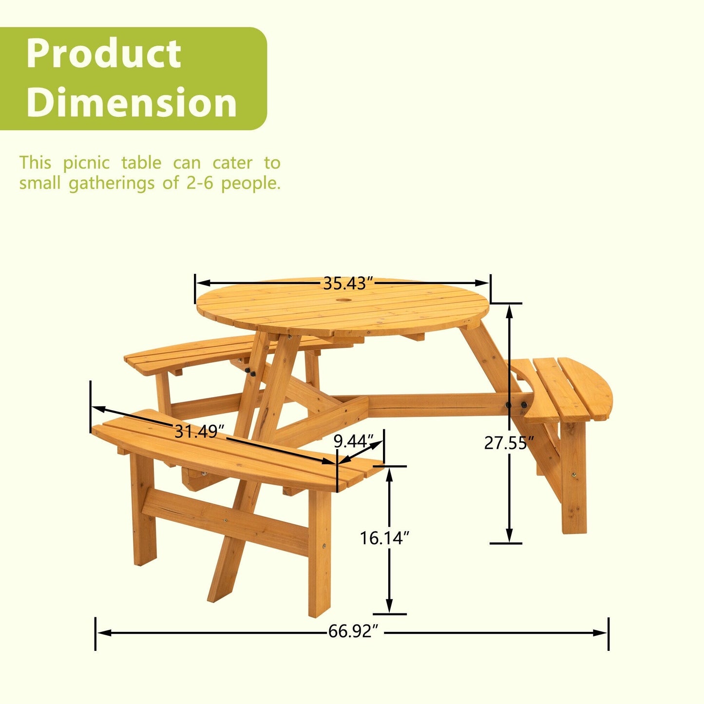 Set da picnic in legno per 6 persone, tavolo da pranzo con panche, foro per ombrellone - 66,92 P x 66,92 L x 27,55 A (L x P x A)