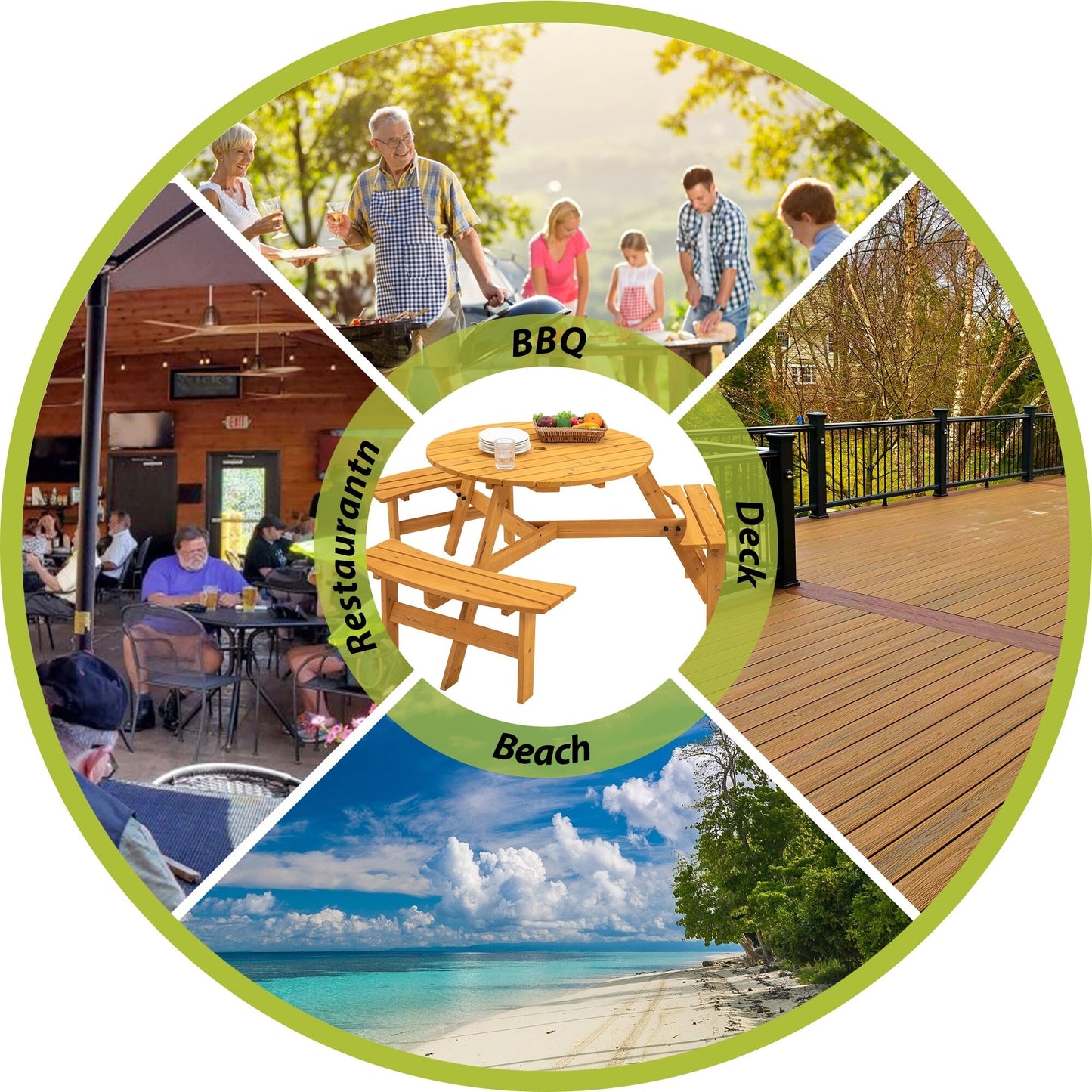 Set da picnic in legno per 6 persone, tavolo da pranzo con panche, foro per ombrellone - 66,92 P x 66,92 L x 27,55 A (L x P x A)