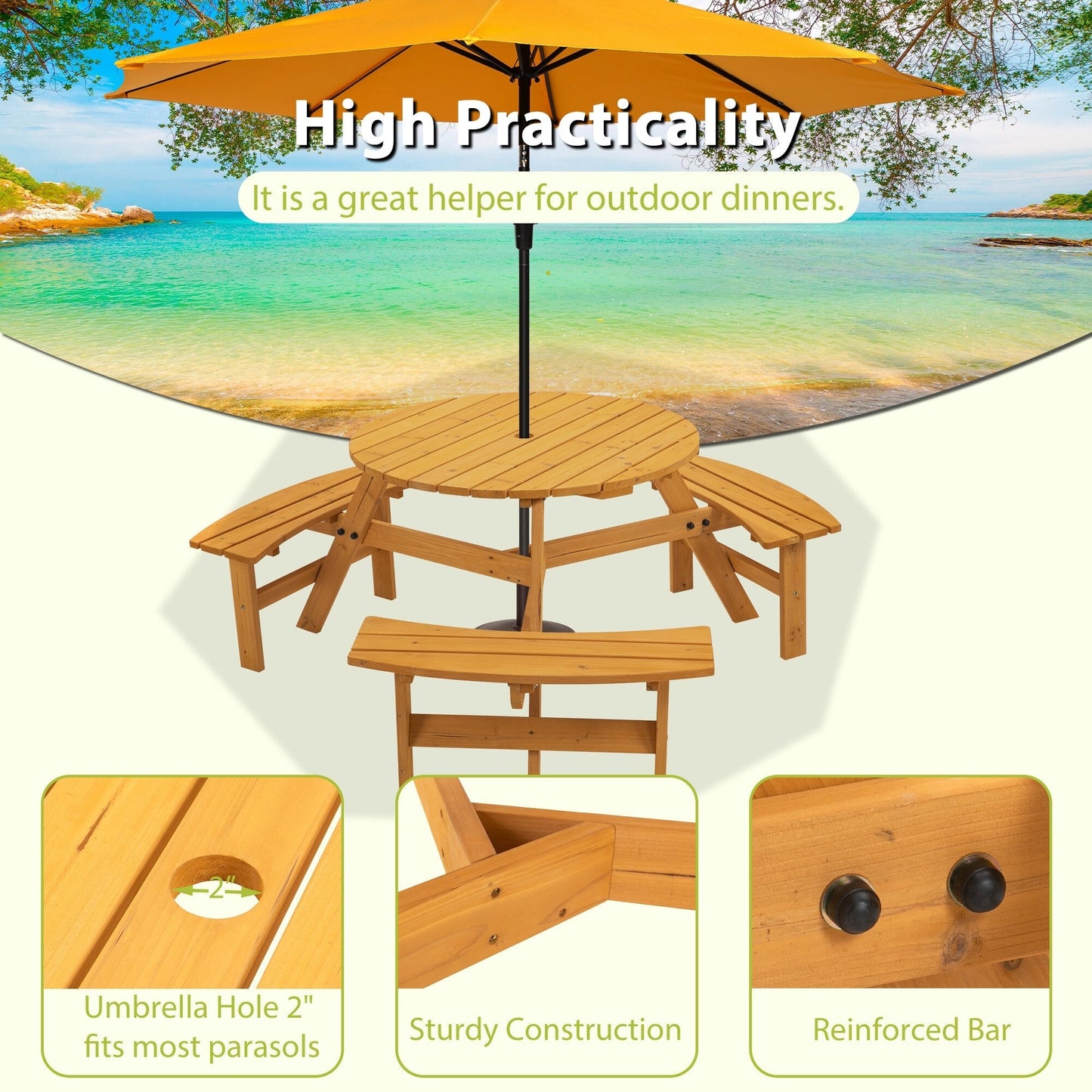 Set da picnic in legno per 6 persone, tavolo da pranzo con panche, foro per ombrellone - 66,92 P x 66,92 L x 27,55 A (L x P x A)