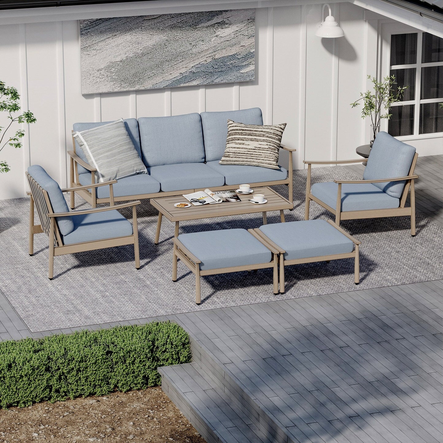 Set da conversazione in alluminio da 6 pezzi per patio, divano da esterno a 3 posti con pouf e tavolino da caffè