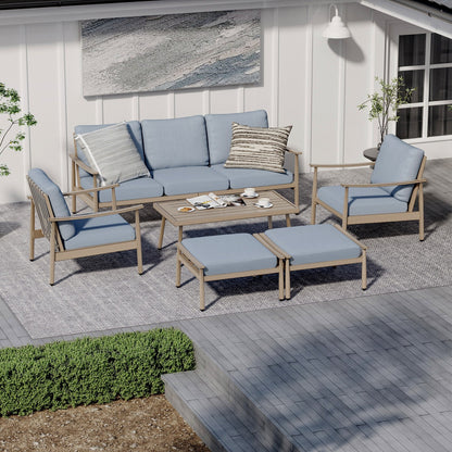 Set da conversazione in alluminio da 6 pezzi per patio, divano da esterno a 3 posti con pouf e tavolino da caffè