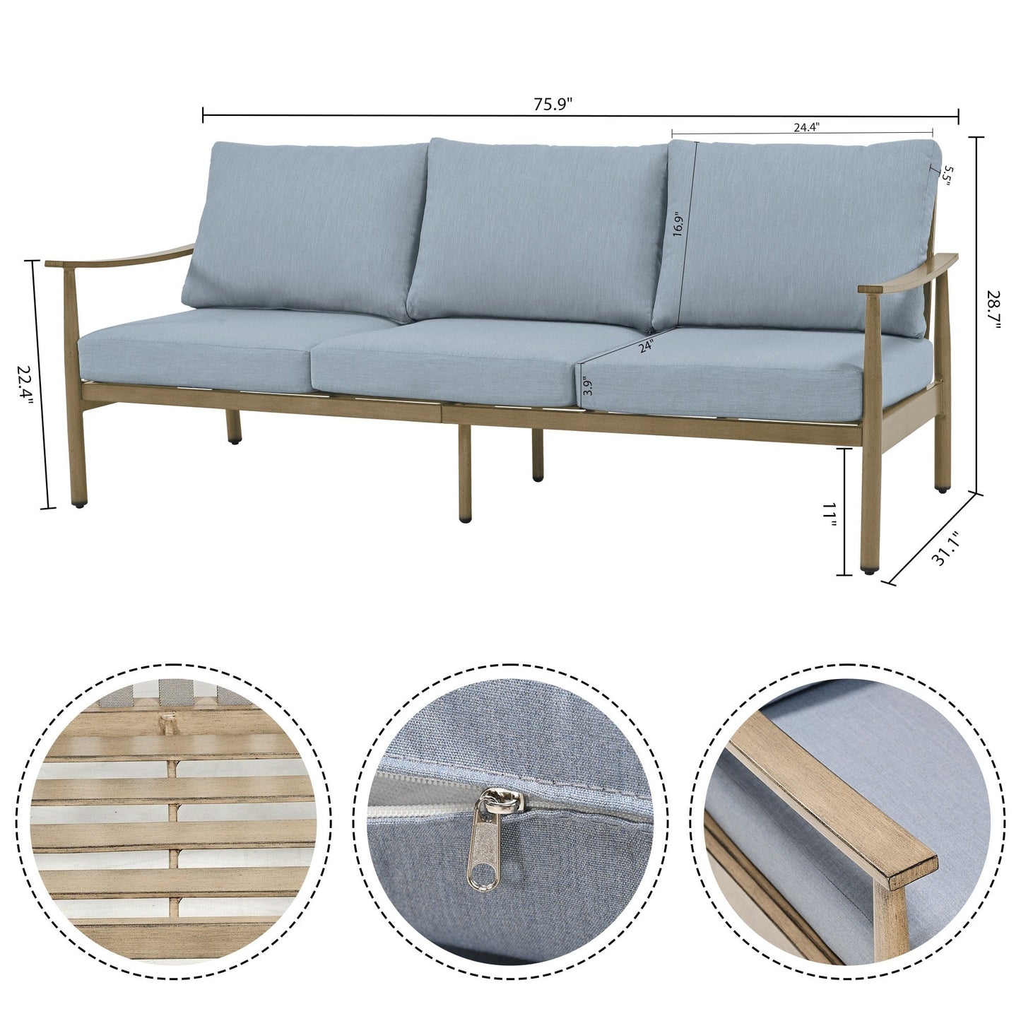 Set da conversazione in alluminio da 6 pezzi per patio, divano da esterno a 3 posti con pouf e tavolino da caffè